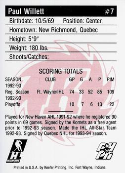 1992-93 Fort Wayne Komets (IHL) #NNO Paul Willett Back