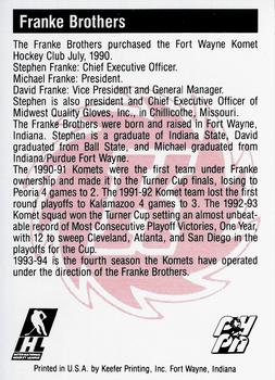 1992-93 Fort Wayne Komets (IHL) #NNO Stephen Franke / Michael Franke / David Franke  Back