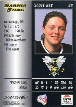 1994-95 Slapshot Sarnia Sting (OHL) #3 Scott Hay Back