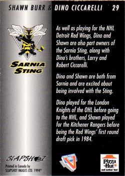 1994-95 Slapshot Sarnia Sting (OHL) #29 Dino Ciccarelli / Shawn Burr Back