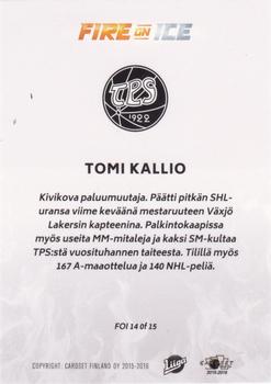 2015-16 Cardset Finland - Fire on Ice #FOI14 Tomi Kallio Back