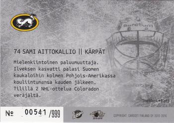 2015-16 Cardset Finland - The Mask Special Edition #The Mask 6 Sami Aittokallio Back