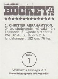 1971-72 Williams Hockey (Swedish) #1 Christer Abrahamsson Back