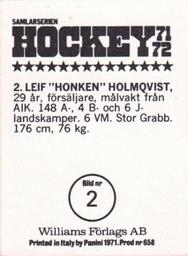 1971-72 Williams Hockey (Swedish) #2 Leif Holmqvist Back
