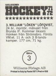 1971-72 Williams Hockey (Swedish) #3 William Löfqvist Back
