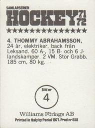 1971-72 Williams Hockey (Swedish) #4 Thommy Abrahamsson Back