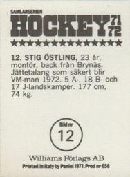1971-72 Williams Hockey (Swedish) #12 Stig Östling Back