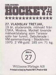 1971-72 Williams Hockey (Swedish) #27 Vladislav Tretiak Back