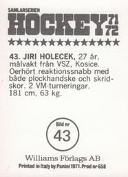 1971-72 Williams Hockey (Swedish) #43 Jiri Holecek Back