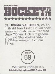 1971-72 Williams Hockey (Swedish) #59 Jorma Valtonen Back