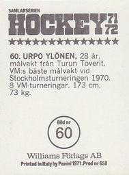 1971-72 Williams Hockey (Swedish) #60 Urpo Ylönen Back