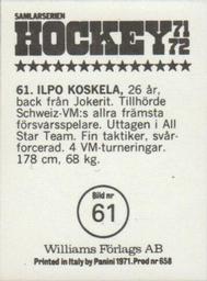 1971-72 Williams Hockey (Swedish) #61 Ilpo Koskela Back