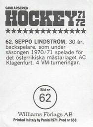 1971-72 Williams Hockey (Swedish) #62 Seppo Lindström Back