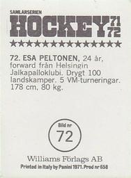 1971-72 Williams Hockey (Swedish) #72 Esa Peltonen Back