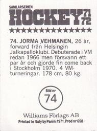 1971-72 Williams Hockey (Swedish) #74 Jorma Vehmanen Back