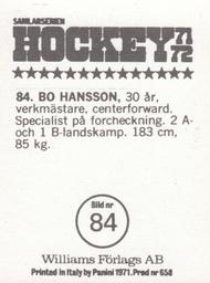 1971-72 Williams Hockey (Swedish) #84 Bo Hansson Back