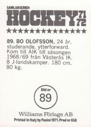1971-72 Williams Hockey (Swedish) #89 Bo Olofsson Back