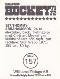 1971-72 Williams Hockey (Swedish) #157 Thommy Abrahamsson Back