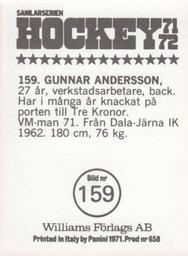 1971-72 Williams Hockey (Swedish) #159 Gunnar Andersson Back
