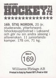 1971-72 Williams Hockey (Swedish) #169 Stig Nordin Back