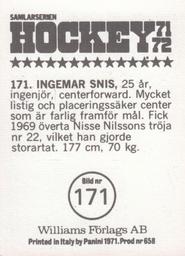 1971-72 Williams Hockey (Swedish) #171 Ingemar Snis Back