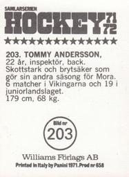 1971-72 Williams Hockey (Swedish) #203 Tommy Andersson Back