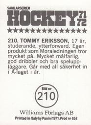 1971-72 Williams Hockey (Swedish) #210 Tommy Eriksson Back