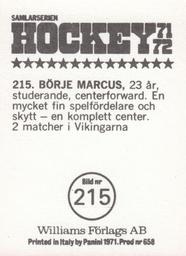 1971-72 Williams Hockey (Swedish) #215 Borje Marcus Back