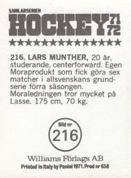 1971-72 Williams Hockey (Swedish) #216 Lars Munther Back
