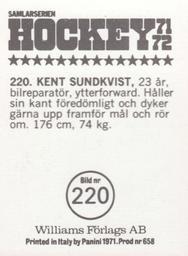 1971-72 Williams Hockey (Swedish) #220 Kent Sundkvist Back