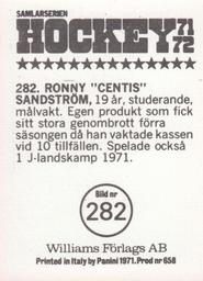 1971-72 Williams Hockey (Swedish) #282 Ronny Sandstrom Back