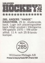 1971-72 Williams Hockey (Swedish) #285 Anders Hagstrom Back