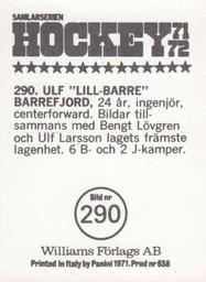 1971-72 Williams Hockey (Swedish) #290 Ulf Barrefjord Back