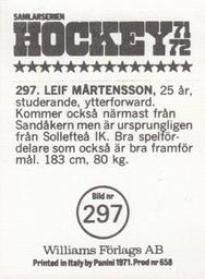 1971-72 Williams Hockey (Swedish) #297 Leif Martensson Back