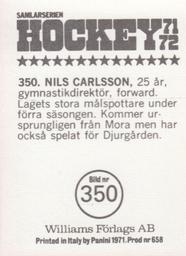 1971-72 Williams Hockey (Swedish) #350 Nils Carlsson Back