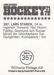 1971-72 Williams Hockey (Swedish) #357 Lars Starck Back