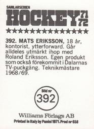 1971-72 Williams Hockey (Swedish) #392 Mats Eriksson Back