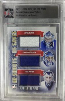 2011-12 In The Game Between The Pipes - He Shoots He Saves Special Memorabilia Cards #HSHS-12 James Reimer / Jonas Gustavsson / Felix Potvin Front
