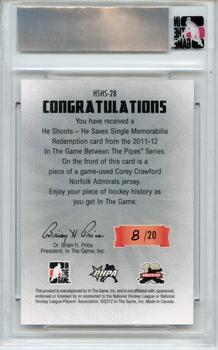 2011-12 In The Game Between The Pipes - He Shoots He Saves Special Memorabilia Cards #HSHS-28 Corey Crawford Back