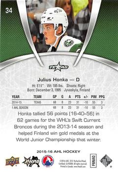 2015-16 Upper Deck AHL #34 Julius Honka Back