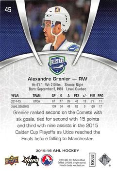 2015-16 Upper Deck AHL #45 Alexandre Grenier Back