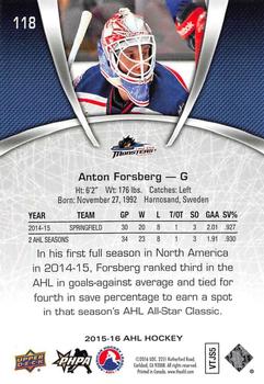 2015-16 Upper Deck AHL #118 Anton Forsberg Back