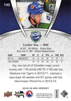2015-16 Upper Deck AHL #140 Linden Vey Back