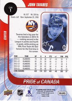 2016 Upper Deck National Hockey Card Day Canada #CAN1 John Tavares Back
