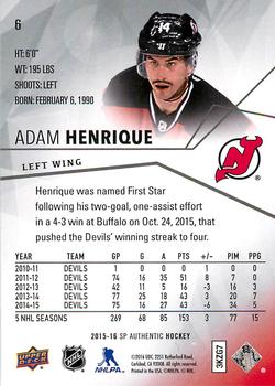 2015-16 SP Authentic #6 Adam Henrique Back
