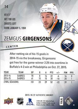 2015-16 SP Authentic #14 Zemgus Girgensons Back
