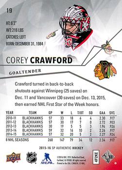 2015-16 SP Authentic #19 Corey Crawford Back