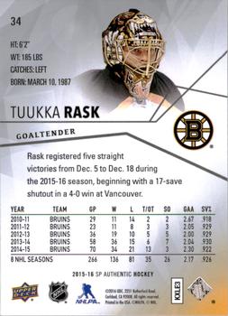 2015-16 SP Authentic #34 Tuukka Rask Back