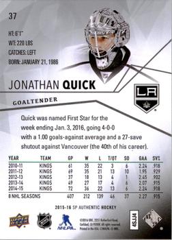 2015-16 SP Authentic #37 Jonathan Quick Back