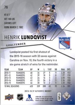 2015-16 SP Authentic #76 Henrik Lundqvist Back